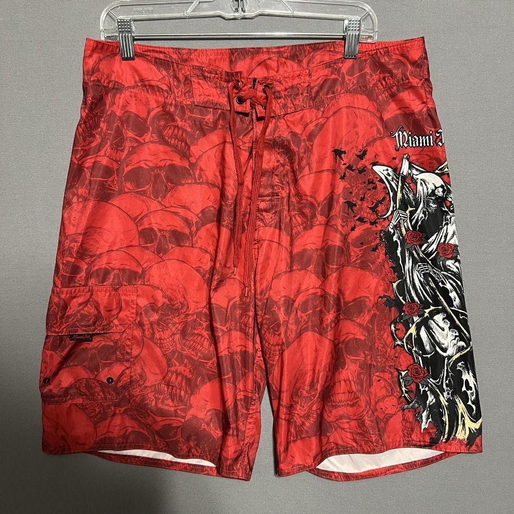 Miami Ink Cargo Shorts‎ Mens 36 Red Skull Grim Reaper Board Swim Trunks Tattoo